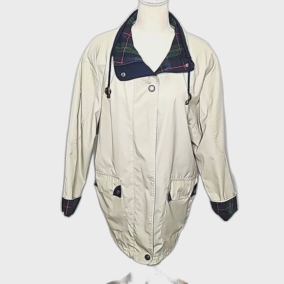 Raincoat by 1 Madison Beige Blue Plaid Neck Sleeve Bottom Size Small - Picture 1 of 9